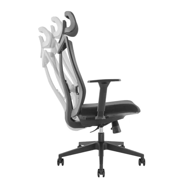 Ergonomikus irodai szék, fekete hálós, magas háttámla, 150 kg teherbírás