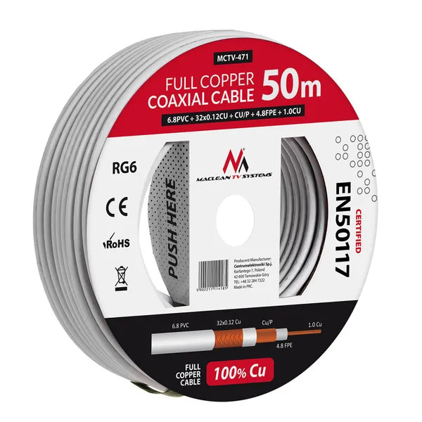 Maclean RG6 koaxiális kábel, teljes réz, 50 m, 6,8 mm