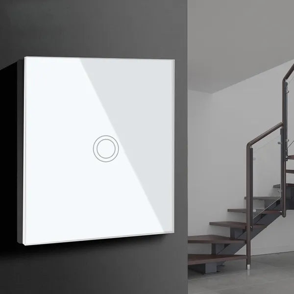 Érintéses üveg villanykapcsoló, egyes keresztváltó, LED-es, fehér, 86×86 mm