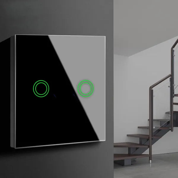 Érintős dupla keresztváltó fénykapcsoló, fekete üveg, LED, 86×86 mm