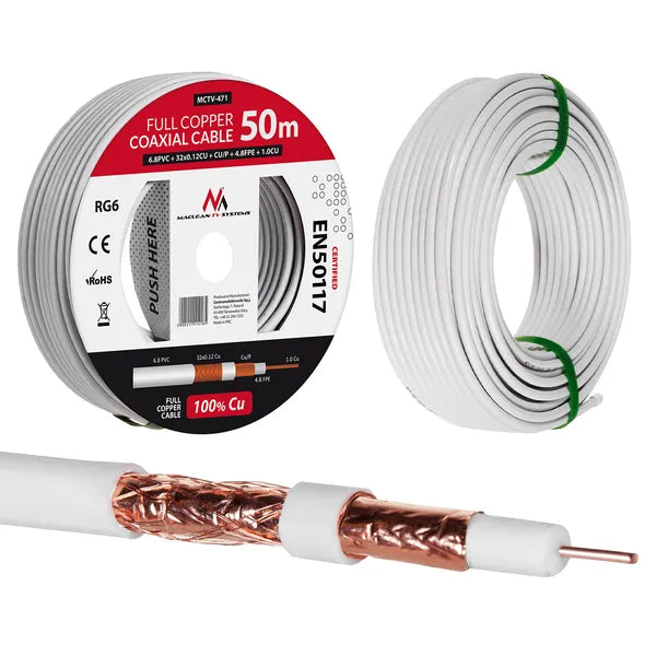 Maclean RG6 koaxiális kábel, teljes réz, 50 m, 6,8 mm