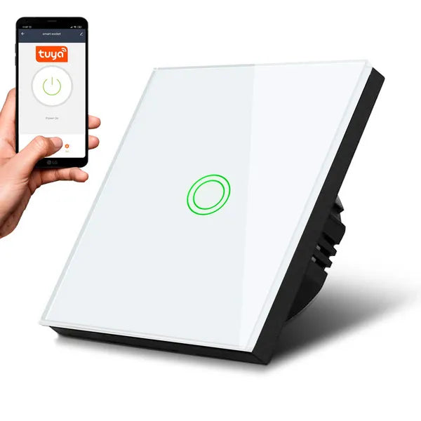 Érintésvezérelt WiFi okos fénykapcsoló, 1 gomb, üvegpanel, fehér, 86×86 mm
