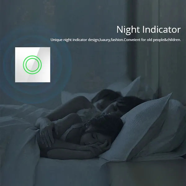 Érintésvezérelt WiFi okos fénykapcsoló, 1 gomb, üvegpanel, fehér, 86×86 mm