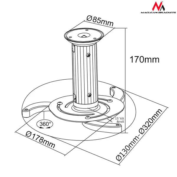Maclean MC-515 S univerzális mennyezeti projektor konzol 80-170 mm 10 kg ezüst