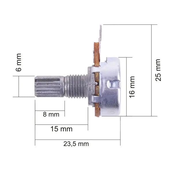 50 kΩ lineáris potenciométer, 16 mm tengely, panelbe szerelhető