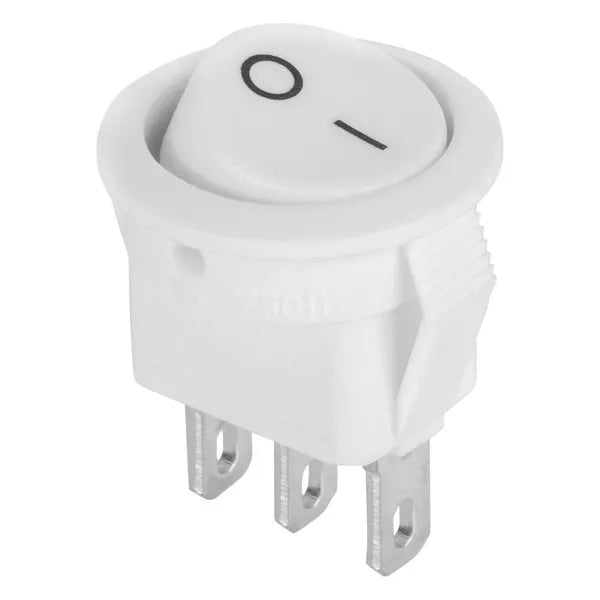Kerek billenőkapcsoló, 2 állású, 3 tűs, 15 mm, 3A 250V, fehér