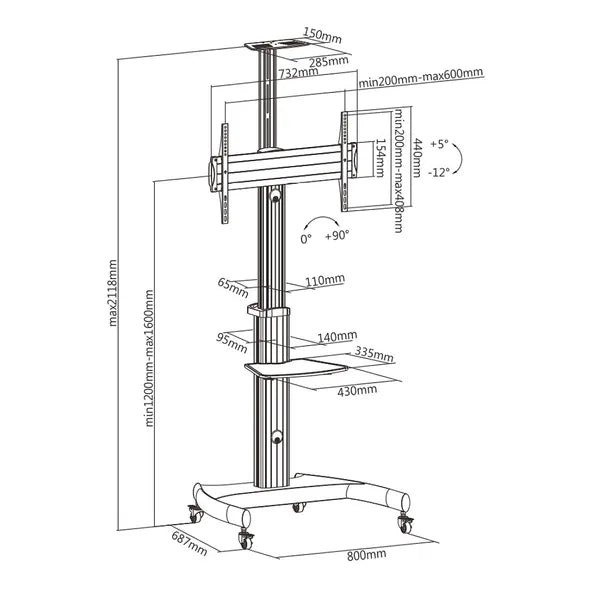 Állítható alumínium TV állvány kerekeken, 32–70″, 50 kg, VESA 600x400