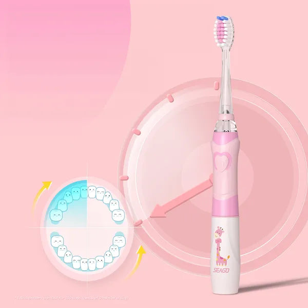 Gyerek szónikus fogkefe rózsaszín, 3 pótfej, LED, IPX7, 1×AAA