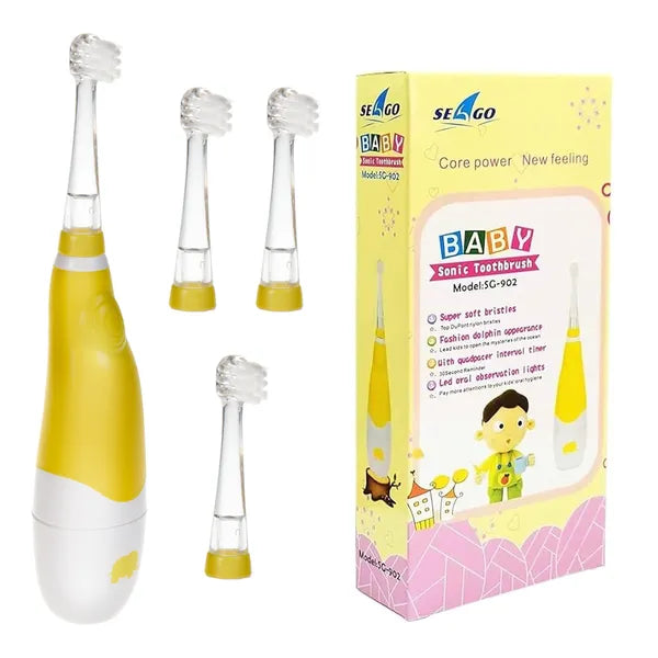 Gyerek szónikus fogkefe SEAGO SG-902, sárga, 4 pótfej, AAA elemes