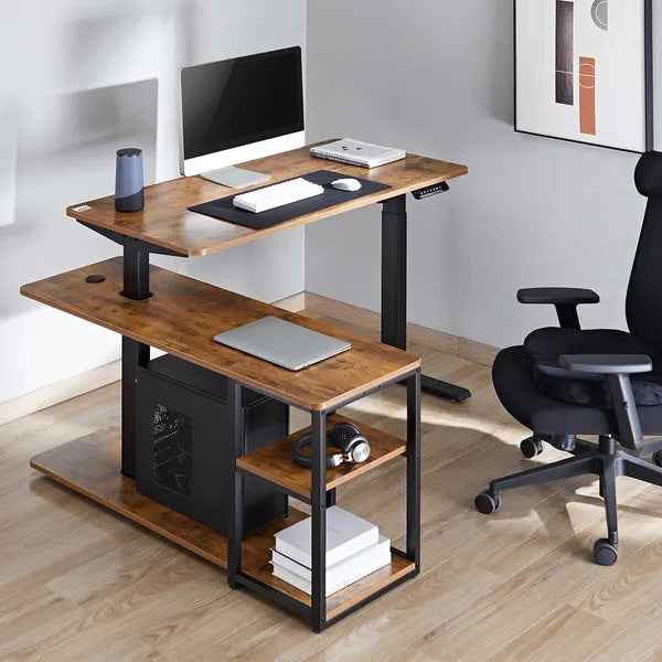 Ergo Office elektromos állítható íróasztal 120x60 cm, polcok, rusztikus barna