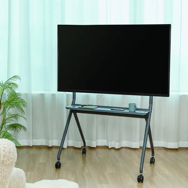 Mobil TV állvány, 50–86″, 120 kg teherbírás, kerekes, polcos