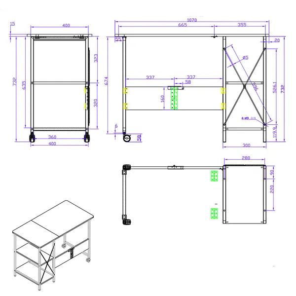 Összecsukható loft íróasztal 107x45x75 cm, 150 kg, világos bükk