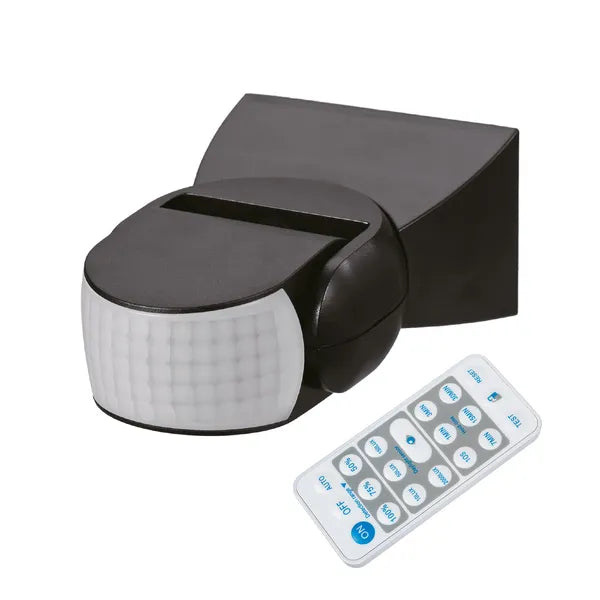 PIR mozgásérzékelő távirányítóval, 180°, 12 m, IP65, fekete, 1200 W/300 W LED