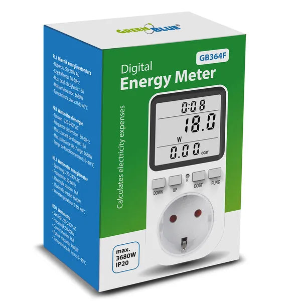 GreenBlue energiamérő wattmérő, F schuko aljzat, 220-240 V, 16 A, LCD