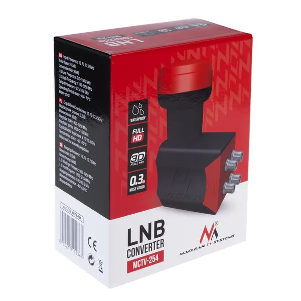Quad műholdas LNB konverter 4 kimenettel, 60 dB, 40 mm – Maclean Premium
