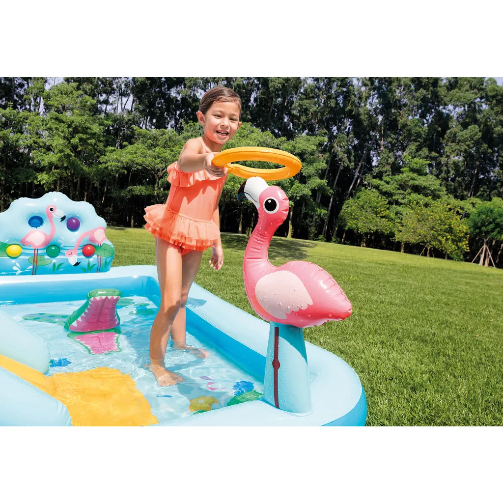 INTEX Felfújható csúszdás gyerekmedence színes állatokkal, 550 l, 257 x 216 cm, kék