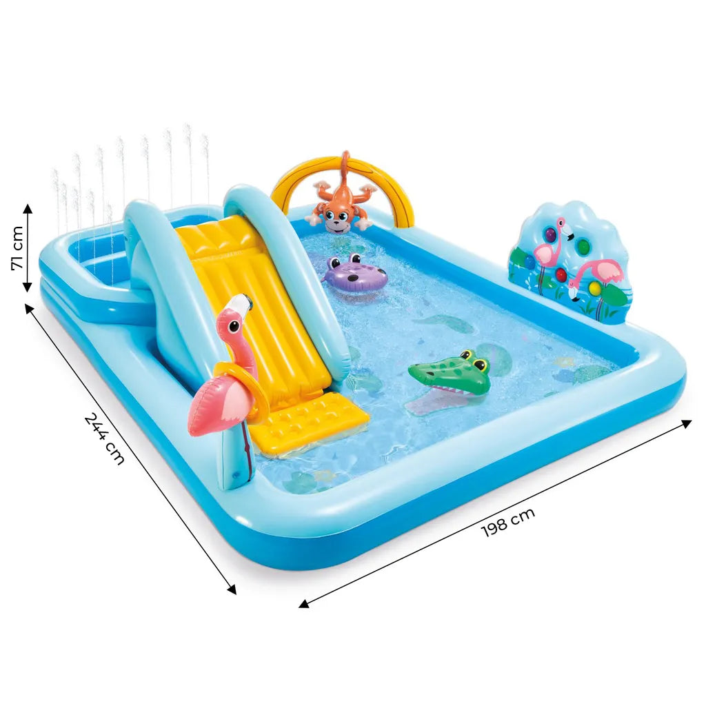 INTEX Felfújható csúszdás gyerekmedence színes állatokkal, 550 l, 257 x 216 cm, kék