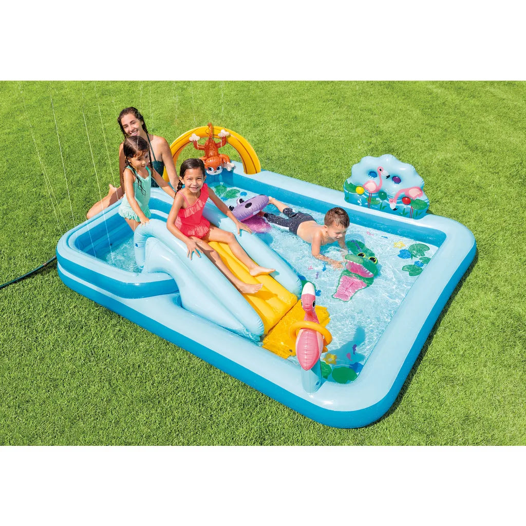 INTEX Felfújható csúszdás gyerekmedence színes állatokkal, 550 l, 257 x 216 cm, kék