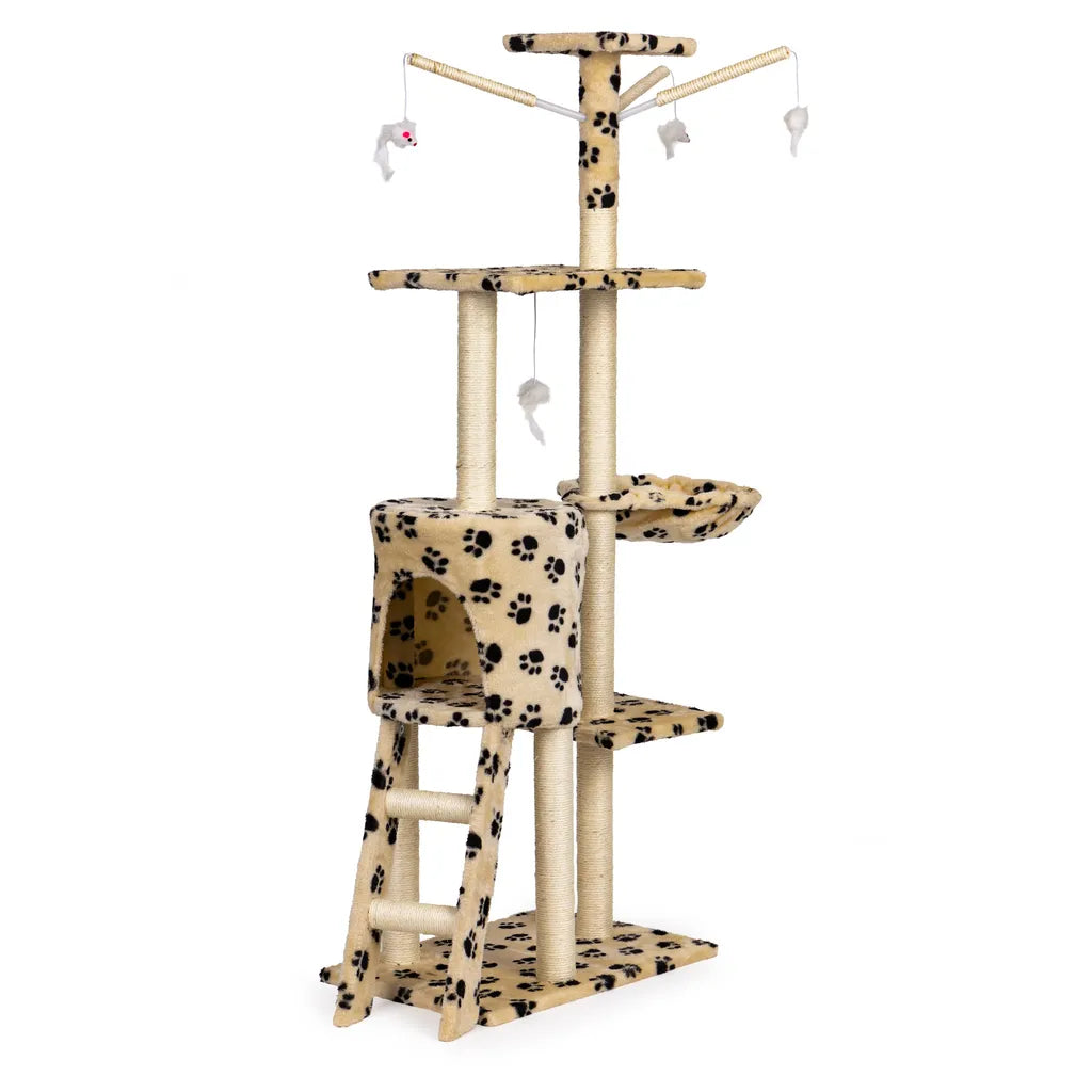 5 szintes macskabútor házzal, pihenővel, kaparófával, XL 138cm, lábnyom mintás
