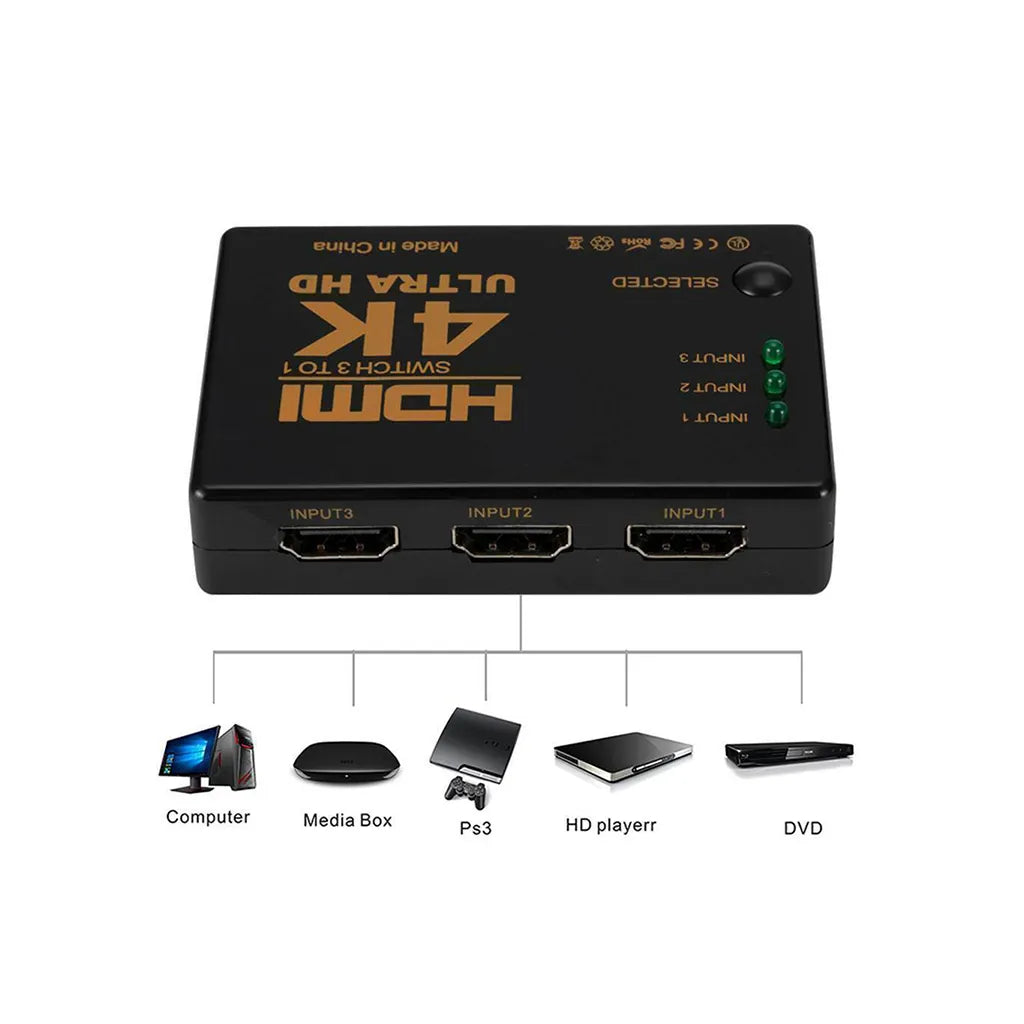 Kapcsoló osztó 3x 1 hdmi 4k uhd távirányítóval, 8cm x 6cm x 1.7cm, fekete