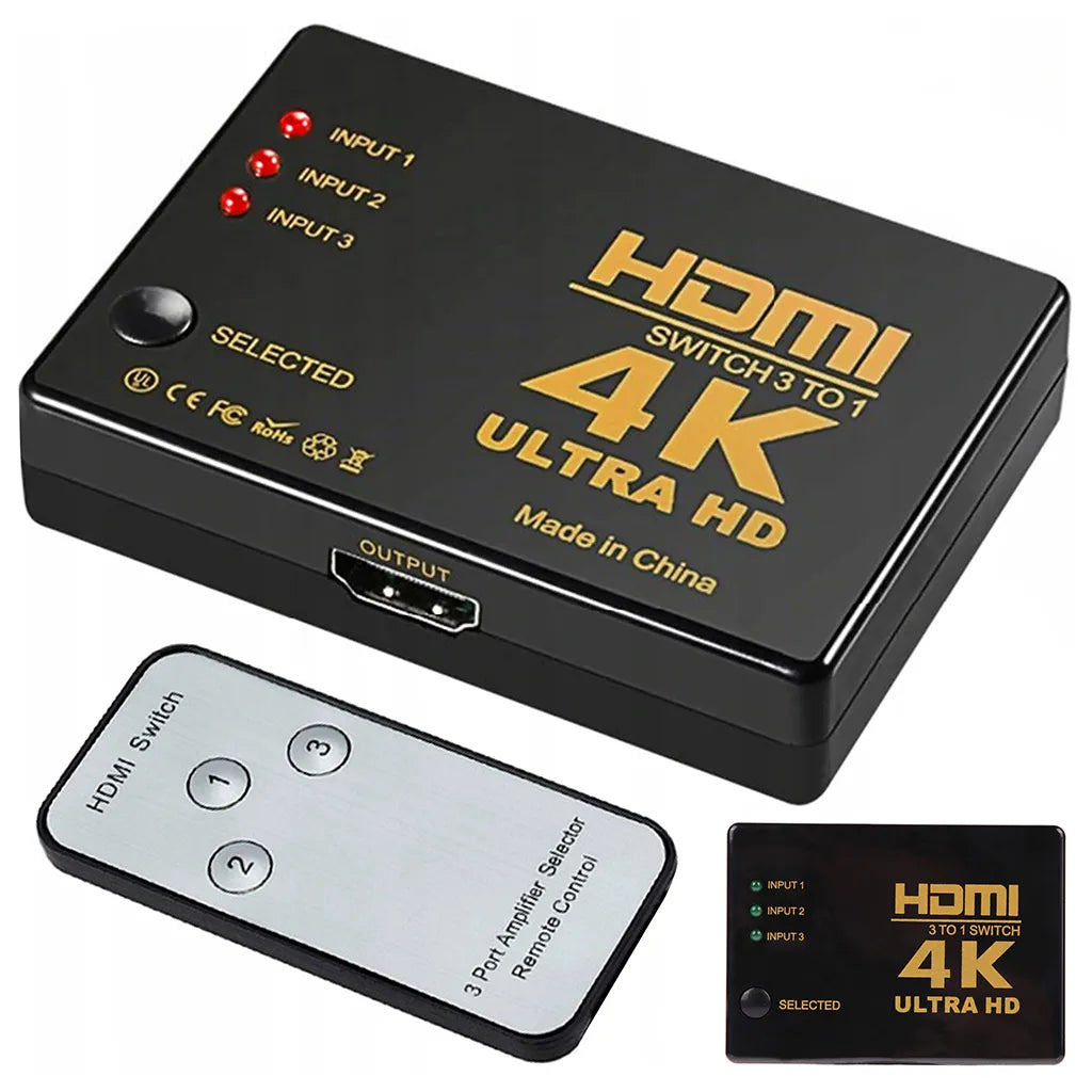 Kapcsoló osztó 3x 1 hdmi 4k uhd távirányítóval, 8cm x 6cm x 1.7cm, fekete