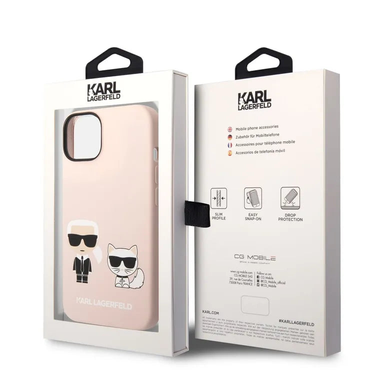 Karl Lagerfeld és Choupette folyékony szilikon Zadní Kryt pro iPhone 14 Plus rózsaszínű tok