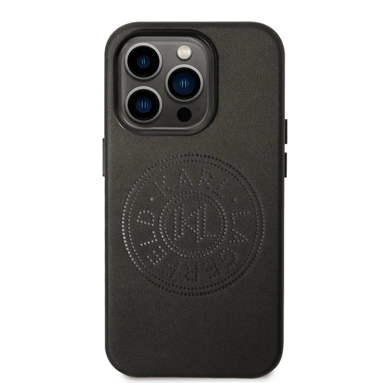 Karl Lagerfeld PU bőr perforált logós hátlap iPhone 14 Pro Max-hoz Fekete