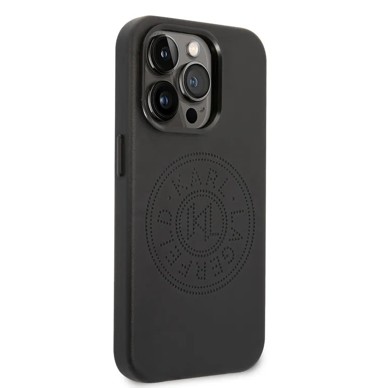 Karl Lagerfeld PU bőr perforált logós hátlap iPhone 14 Pro Max-hoz Fekete