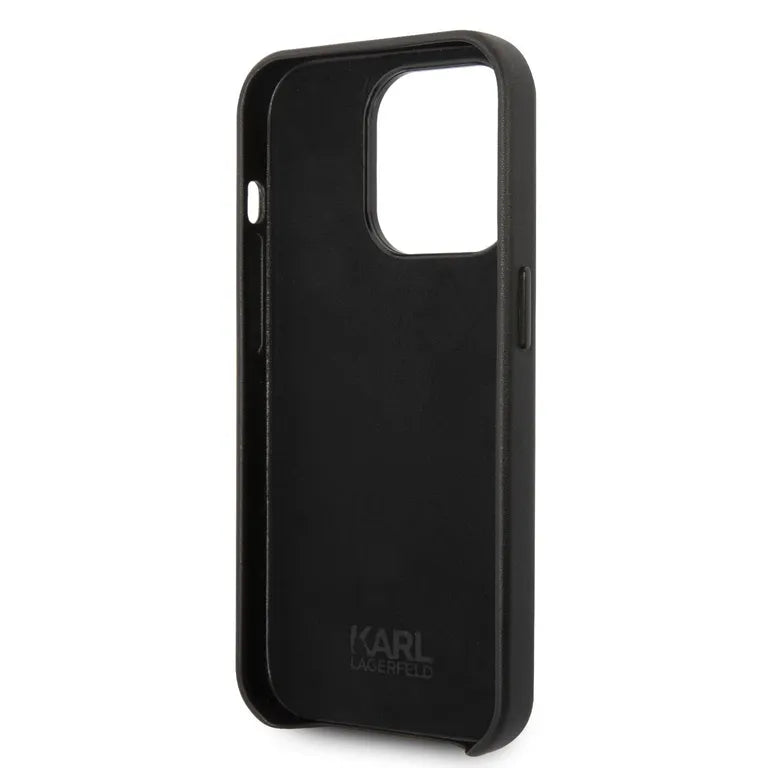 Karl Lagerfeld PU bőr perforált logós hátlap iPhone 14 Pro Max-hoz Fekete