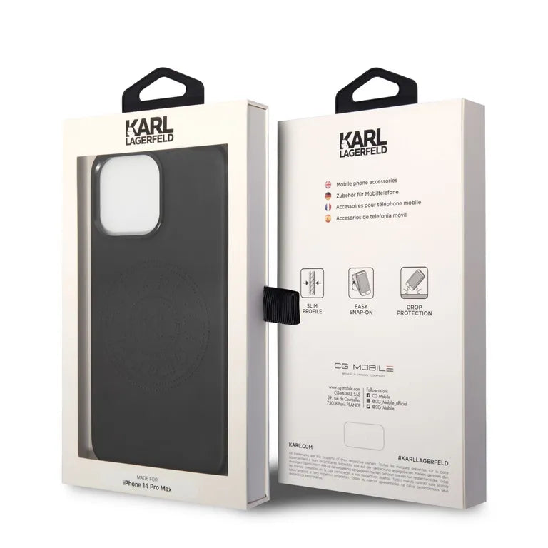 Karl Lagerfeld PU bőr perforált logós hátlap iPhone 14 Pro Max-hoz Fekete