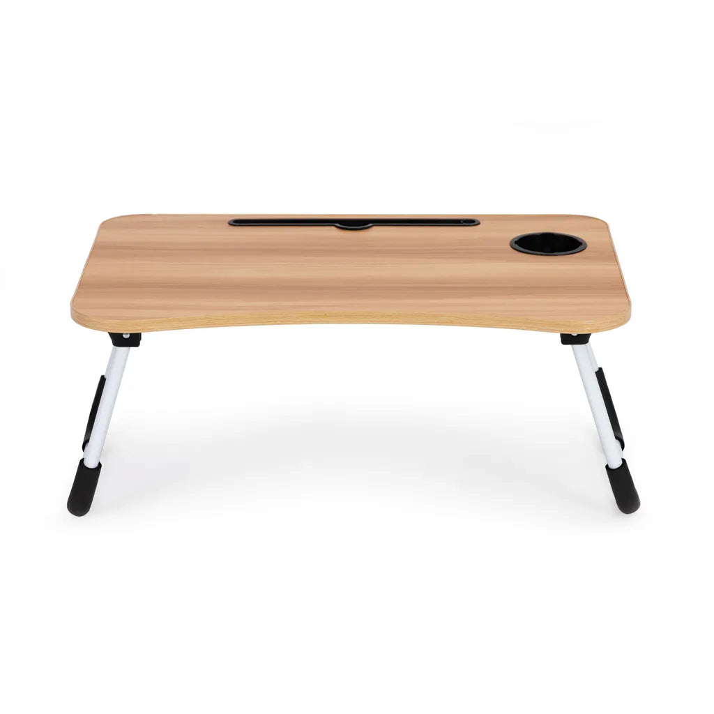 Laptopállvány pohártartóval, forgácslap alumínium lábakkal, 60x40x28 cm fa színű