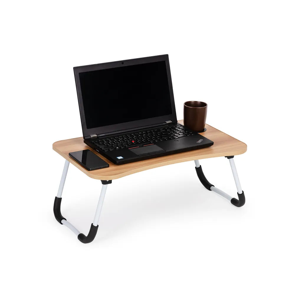 Laptopállvány pohártartóval, forgácslap alumínium lábakkal, 60x40x28 cm fa színű