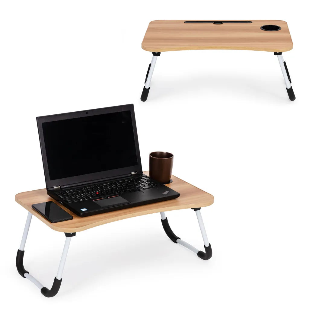 Laptopállvány pohártartóval, forgácslap alumínium lábakkal, 60x40x28 cm fa színű