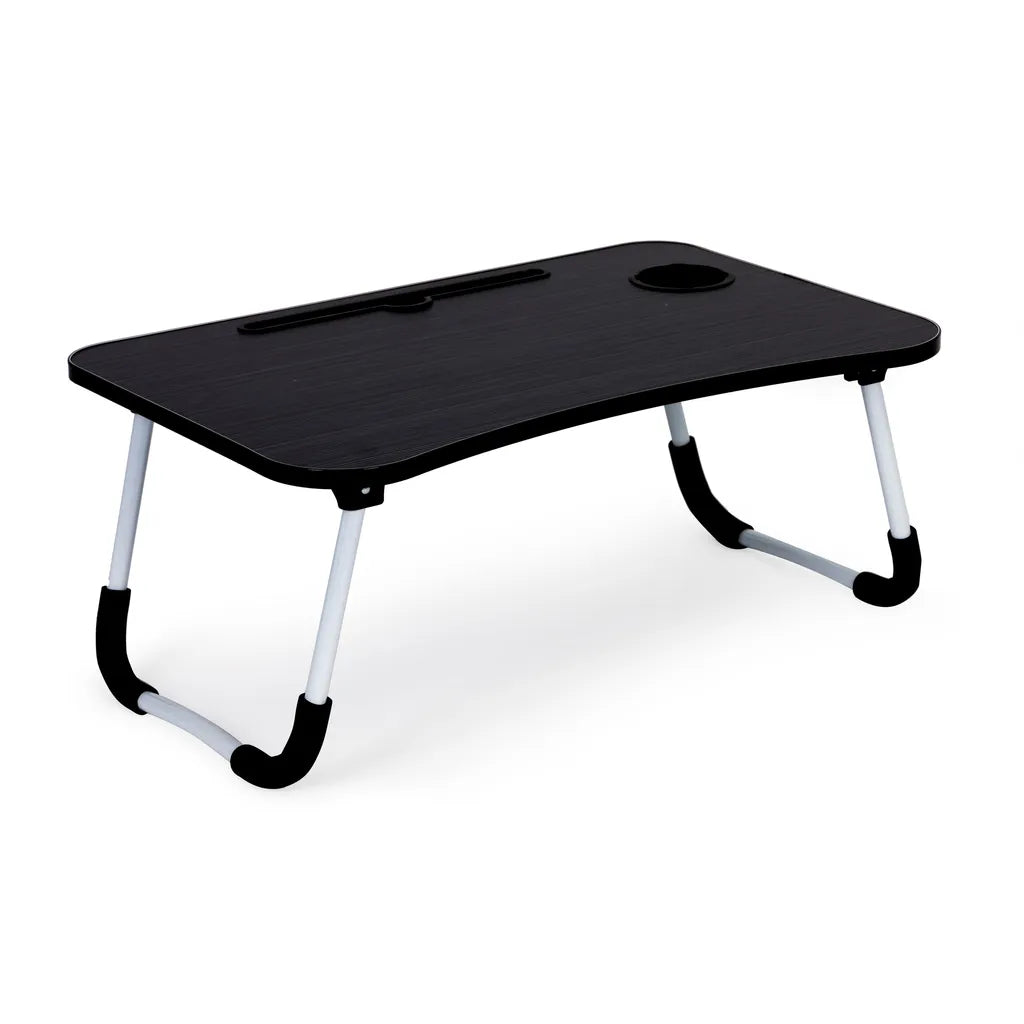 Laptopállvány pohártartóval, forgácslap alumínium lábakkal, 60x40x28 cm fekete
