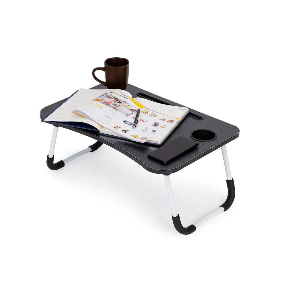 Laptopállvány pohártartóval, forgácslap alumínium lábakkal, 60x40x28 cm fekete