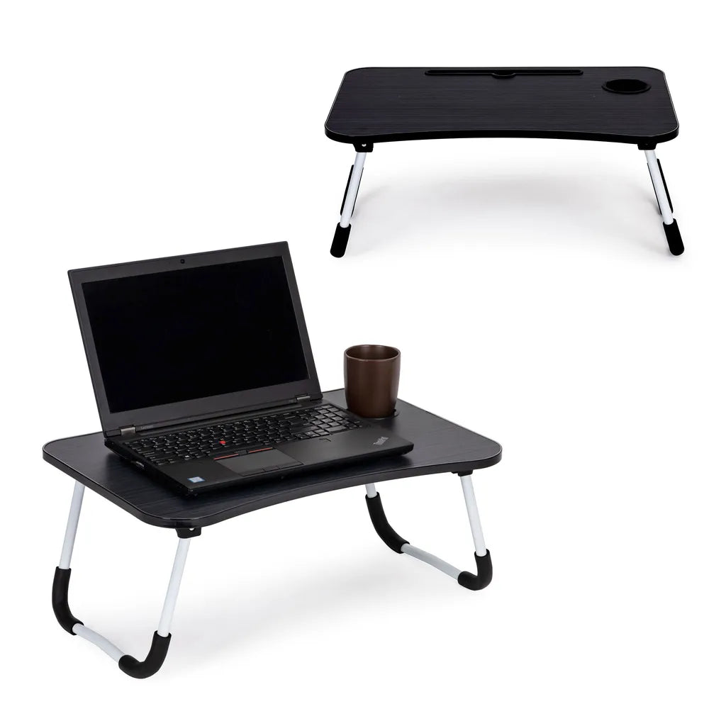 Laptopállvány pohártartóval, forgácslap alumínium lábakkal, 60x40x28 cm fekete