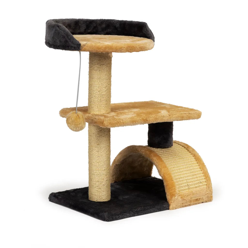 Játéktorony macskáknak 3 szinttel, játékkal, kaparófával, 55x39.5x29.5 cm, bézs-fekete