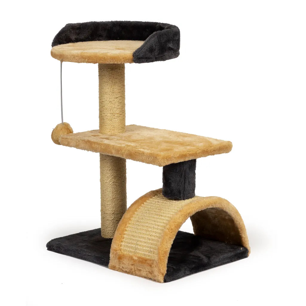 Játéktorony macskáknak 3 szinttel, játékkal, kaparófával, 55x39.5x29.5 cm, bézs-fekete