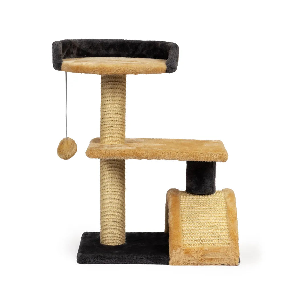 Játéktorony macskáknak 3 szinttel, játékkal, kaparófával, 55x39.5x29.5 cm, bézs-fekete