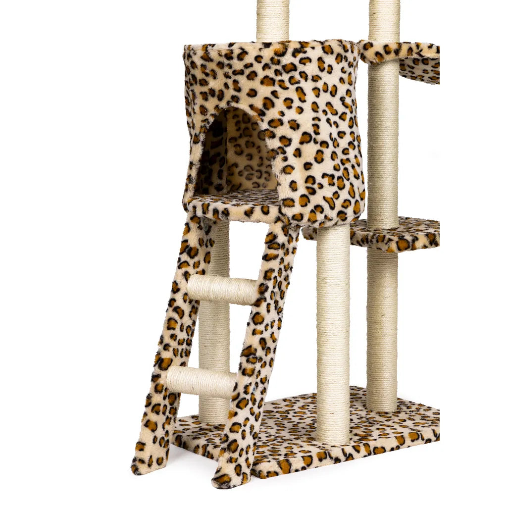 5 szintes macskabútor házzal, pihenővel, kaparófával, XL 138cm, tigris minta