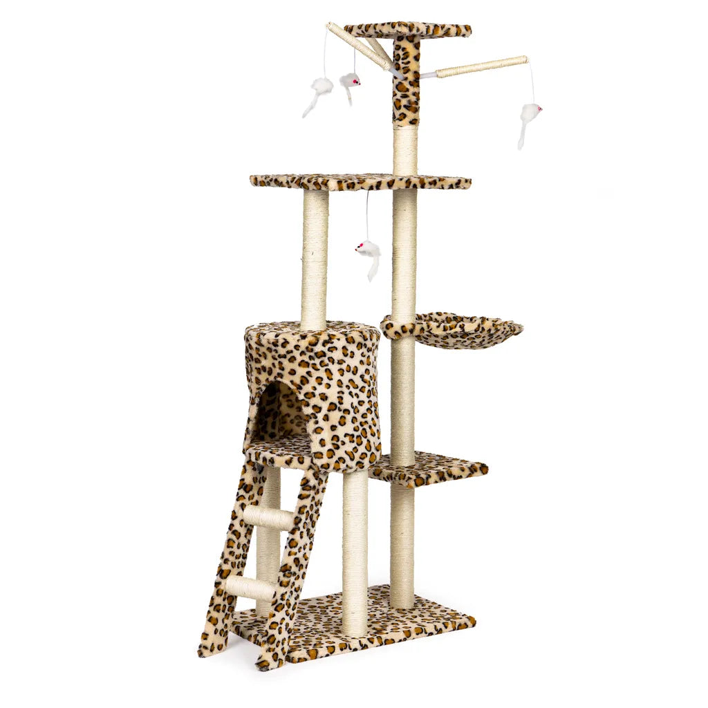 5 szintes macskabútor házzal, pihenővel, kaparófával, XL 138cm, tigris minta