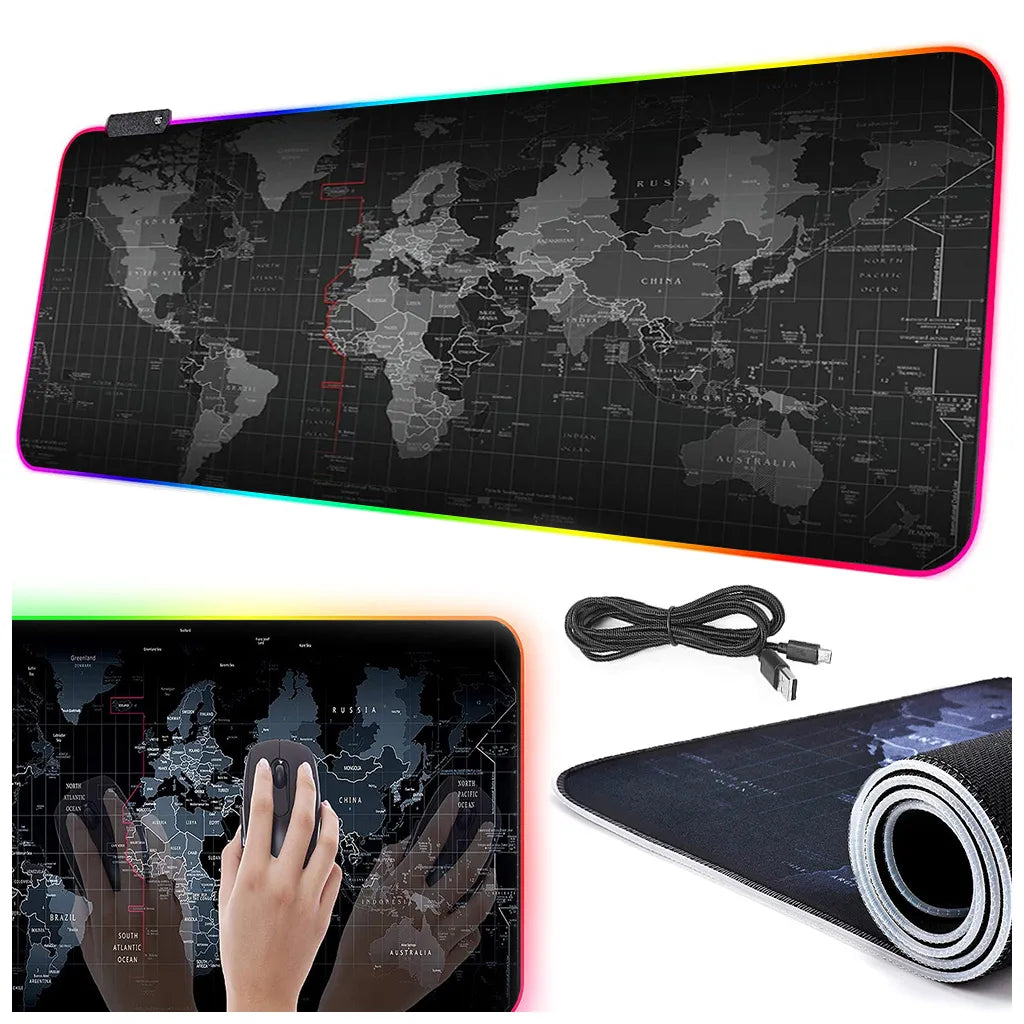 LED háttérvilágítású egérpad térkép mintával, 4 fényüzemmóddal XXXL, USB, 80cm x 30cm x 0.3cm, fekete
