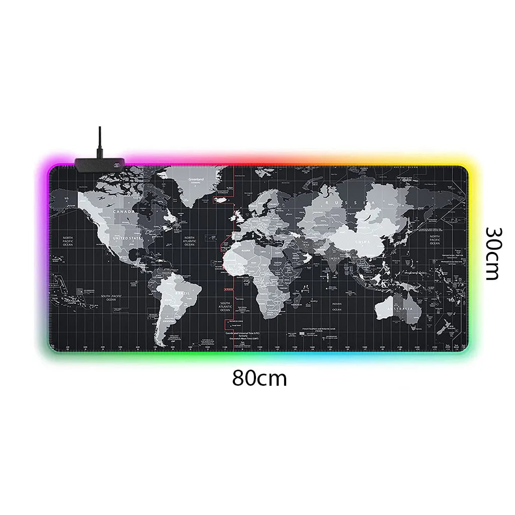LED háttérvilágítású egérpad térkép mintával, 4 fényüzemmóddal XXXL, USB, 80cm x 30cm x 0.3cm, fekete