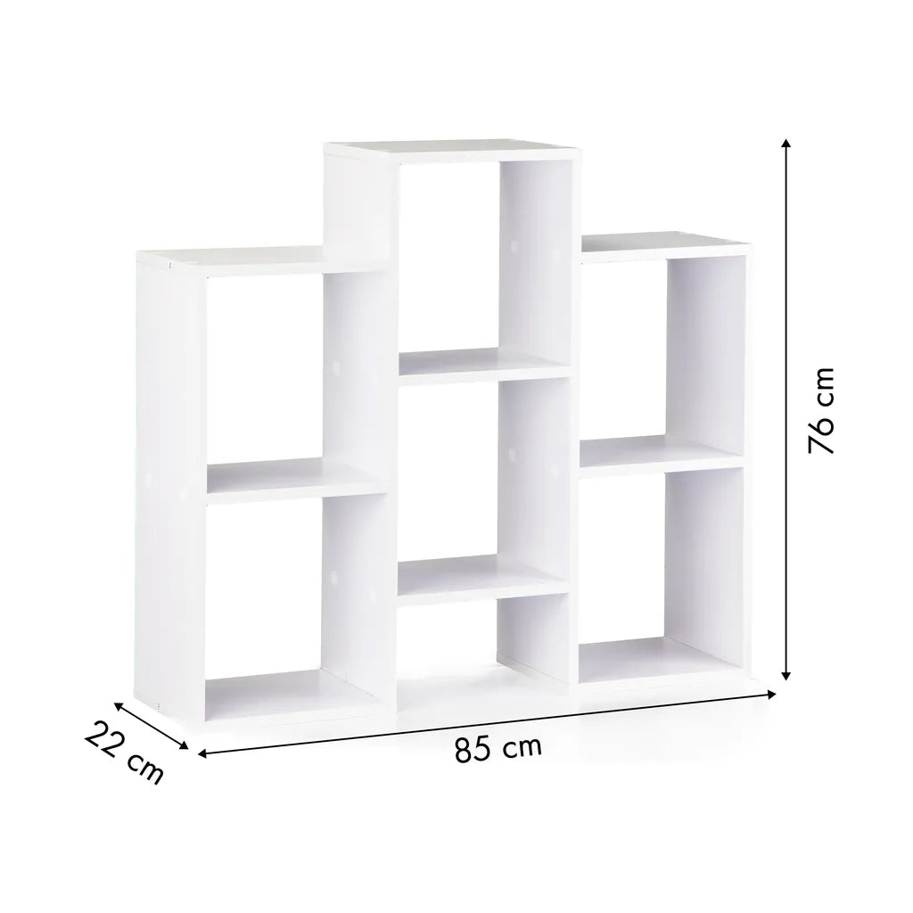 Modern könyvespolc eltolt polcokkal, 85x22x76 cm, fehér