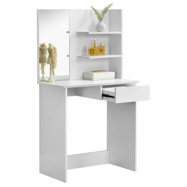 Öltözőasztal fiókkal, polcokkal, tükörrel modern design, fehér, 75x40x141 cm