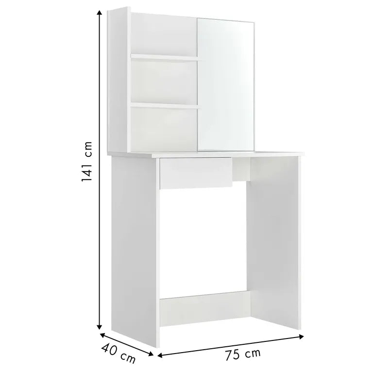 Öltözőasztal fiókkal, polcokkal, tükörrel modern design, fehér, 75x40x141 cm