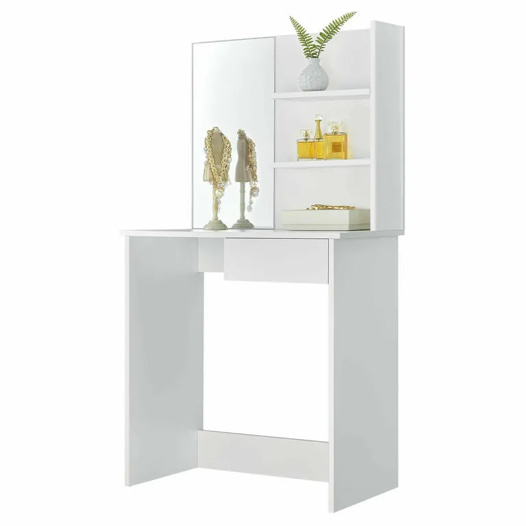Öltözőasztal fiókkal, polcokkal, tükörrel modern design, fehér, 75x40x141 cm