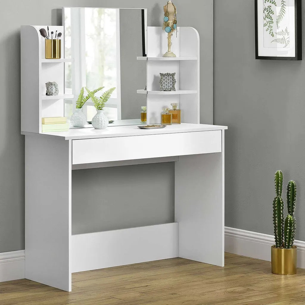 ModernHome Elegáns fésülködő- és sminkasztal tükörrel,széles fiókkal, oldalsó polcokkal és LED világítás opcióval, 108x40x142 cm, fehér