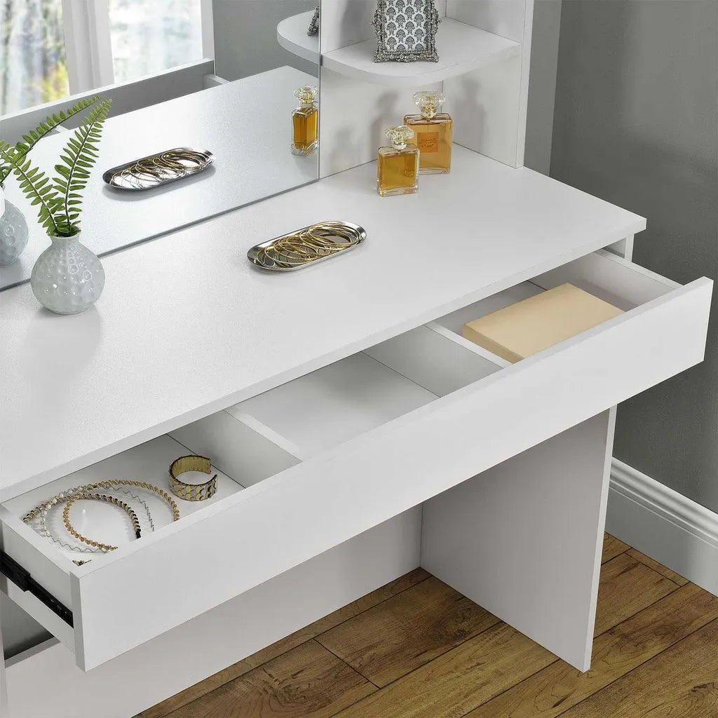 ModernHome Elegáns fésülködő- és sminkasztal tükörrel,széles fiókkal, oldalsó polcokkal és LED világítás opcióval, 108x40x142 cm, fehér