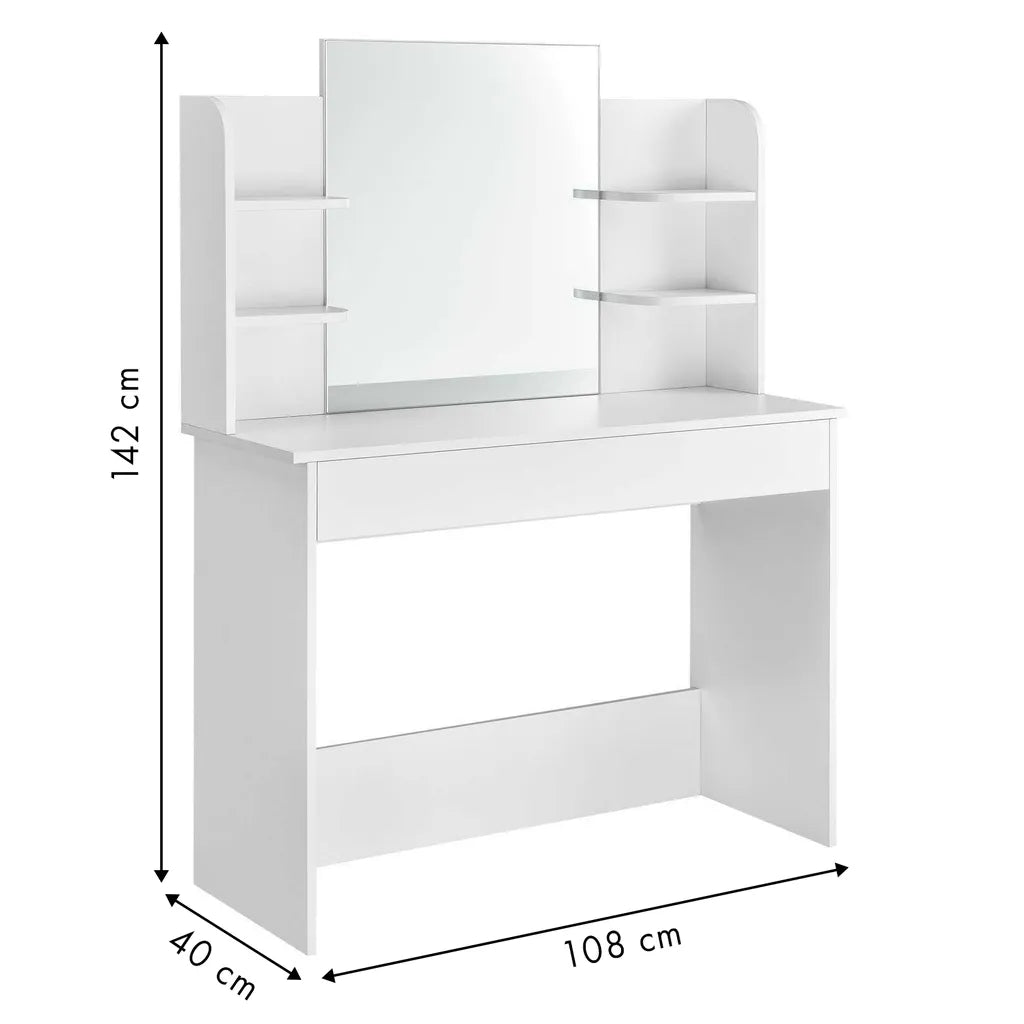 ModernHome Elegáns fésülködő- és sminkasztal tükörrel,széles fiókkal, oldalsó polcokkal és LED világítás opcióval, 108x40x142 cm, fehér